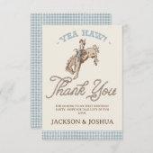 Boys Blue Gray Twins First Rodeo 1st Birthday サンキューカード (正面/裏面)