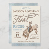 Boys Blue Gray Twins First Rodeo 1st Birthday 招待状 (正面/裏面)