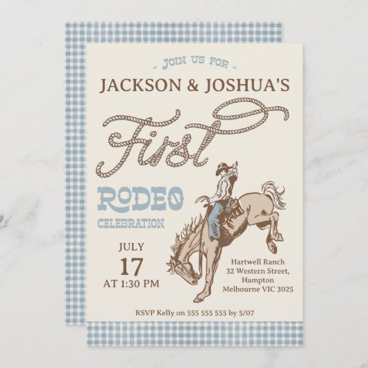 Boys Blue Gray Twins First Rodeo 1st Birthday 招待状 (正面/裏面)