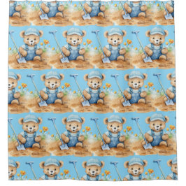 Boy's Blue Teddy Bearシャワーカーテン シャワーカーテン