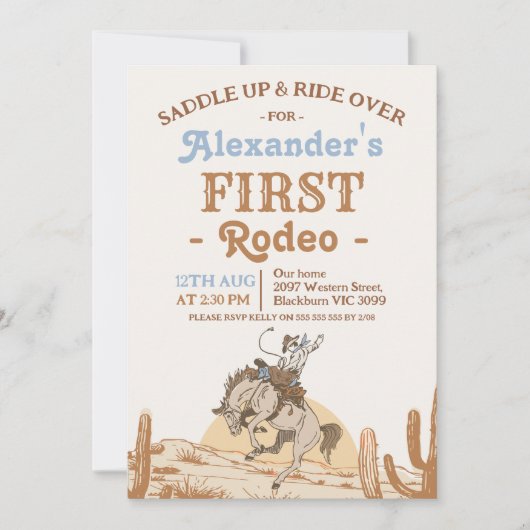 Boys Brown Bronco Cowboy First Rodeo 1st Birthday 招待状 (正面)