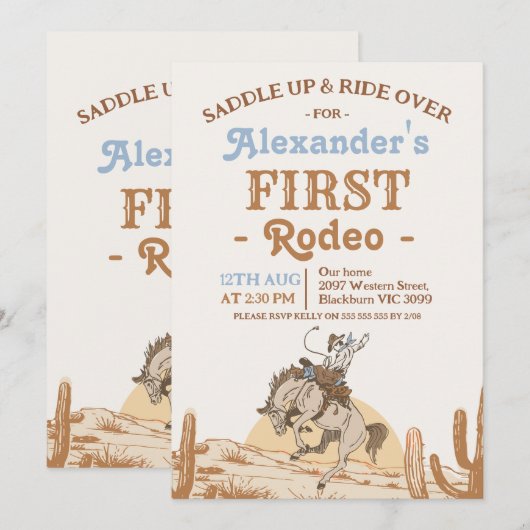 Boys Brown Bronco Cowboy First Rodeo 1st Birthday 招待状 (正面/裏面)