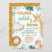 Boys Brown Cheetah Print Young Wild Three Birthday 招待状 (正面/裏面)
