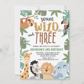 Boys Brown Green Young Wild Three 3rd Birthday 招待状 (正面)
