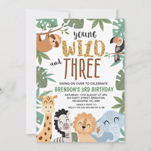 Boys Brown Green Young Wild Three 3rd Birthday 招待状 (正面)