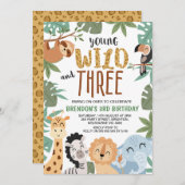 Boys Brown Green Young Wild Three 3rd Birthday 招待状 (正面/裏面)