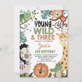 Boys Brown Green Young Wild Three 3rd Birthday 招待状 (正面)