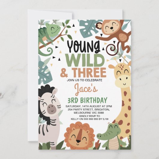 Boys Brown Green Young Wild Three 3rd Birthday 招待状 (正面)