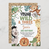 Boys Brown Green Young Wild Three 3rd Birthday 招待状 (正面/裏面)