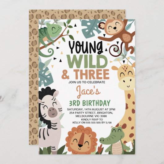 Boys Brown Green Young Wild Three 3rd Birthday 招待状 (正面/裏面)