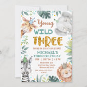 Boys Brown Safari Young Wild Three 3rd Birthday 招待状 (正面)