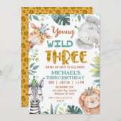 Boys Brown Safari Young Wild Three 3rd Birthday 招待状 (正面/裏面)