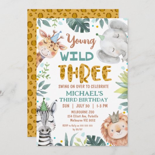 Boys Brown Safari Young Wild Three 3rd Birthday 招待状 (正面/裏面)