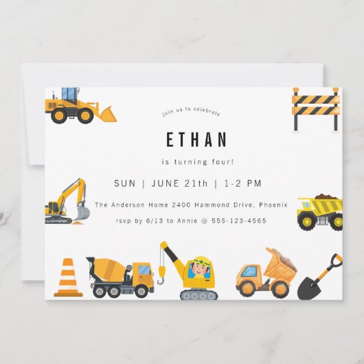 Boys Construction Birthday Party Theme  招待状 (正面)