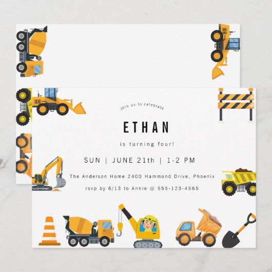 Boys Construction Birthday Party Theme  招待状 (正面/裏面)