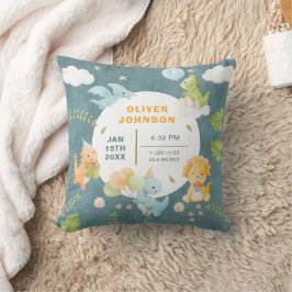 Boys Cute Blue Dinosaur Birth Stats Baby Nursery クッション
