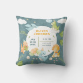 Boys Cute Blue Dinosaur Birth Stats Baby Nursery クッション (正面)