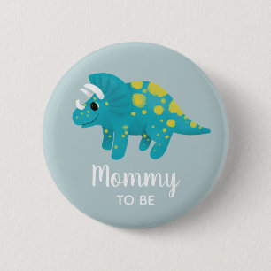 Boys Cute Blue Dinosaur Mommy to Be Baby Shower 缶バッジ