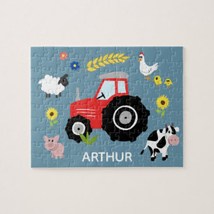 Boys Cute Blue Farm Tractor and Name Kids ジグソーパズル