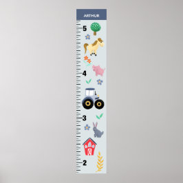 Boys Cute Blue Farm Tractor Growth Chart ポスター