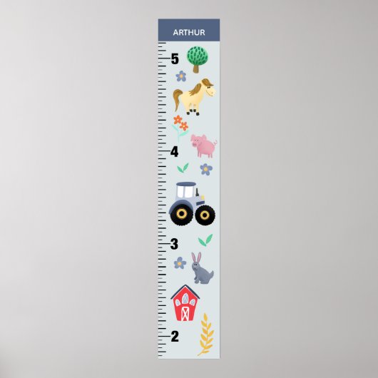 Boys Cute Blue Farm Tractor Growth Chart ポスター (正面)