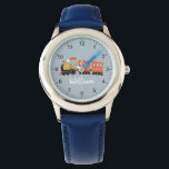 Boys Cute Blue Modern Train Travel Kids 腕時計<br><div class="desc">This cute and modern kid's watch features a train travel illustration and a place for you to add your boy's name. Perfect for any child dreaming of being a train driver! With clear numbers and a blue background, this fireman watch is great for a toddler learning to tell the time....</div>