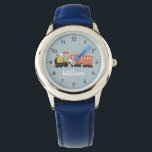 Boys Cute Blue Modern Train Travel Kids 腕時計<br><div class="desc">This cute and modern kid's watch features a train travel illustration and a place for you to add your boy's name. Perfect for any child dreaming of being a train driver! With clear numbers and a blue background, this fireman watch is great for a toddler learning to tell the time....</div>