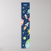 Boys Cute Blue Rocket Ship Space Growth Chart ポスター (正面)