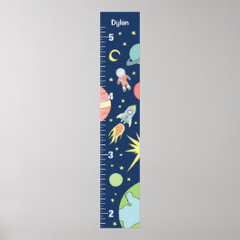 Boys Cute Blue Rocket Ship Space Growth Chart ポスター