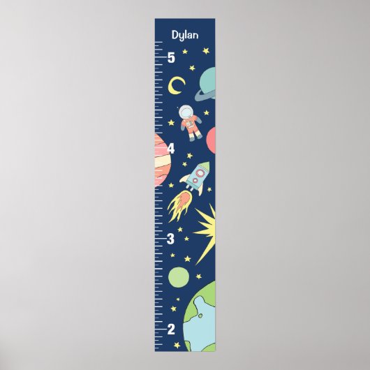 Boys Cute Blue Rocket Ship Space Growth Chart ポスター (正面)
