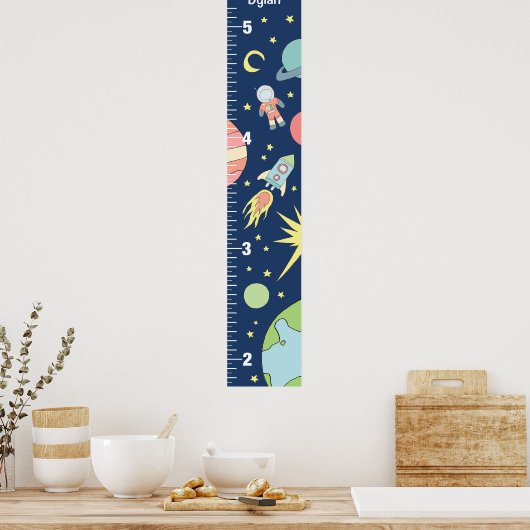 Boys Cute Blue Rocket Ship Space Growth Chart ポスター (キッチン)