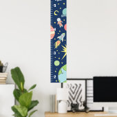 Boys Cute Blue Rocket Ship Space Growth Chart ポスター (ホームオフィス)