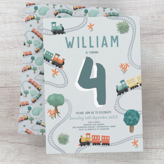 Boys Cute Blue Train Travel Kids Birthday 招待状