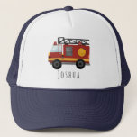 Boys Cute Firefighter Fire Engine and Name Kids キャップ<br><div class="desc">This cute and modern kids trucker hat design features a firefighter fire engine truck cartoon and space for your to add your boy's name. The perfect gift for any little one aspiring to be fireman or firewoman.</div>