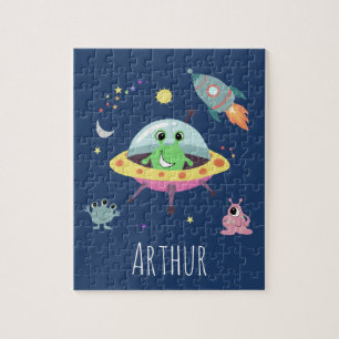 Boys Cute Modern Space Alien Cartoon & Name Kids ジグソーパズル