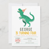Boys Cute T Rex Dinosaur Kids 4th Birthday 招待状 (正面)