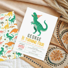 Boys Cute T Rex Dinosaur Kids 4th Birthday 招待状