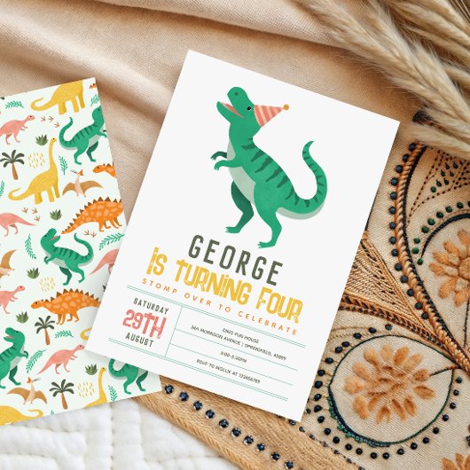 Boys Cute T Rex Dinosaur Kids 4th Birthday 招待状