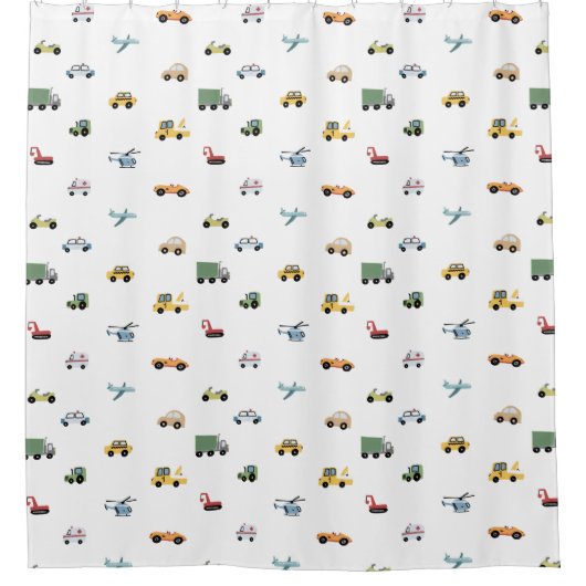 Boys Cute Transport Car Pattern Monogram Name Kids シャワーカーテン (正面)