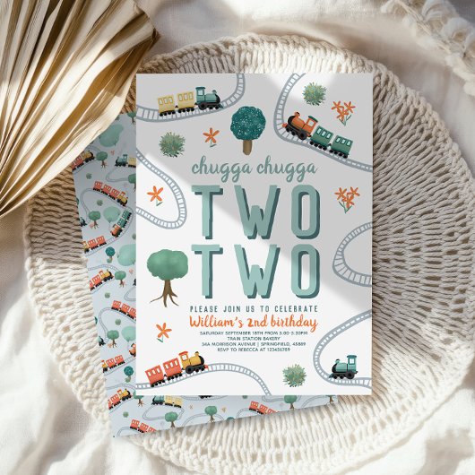 Boys Cute Two Two  Blue Train Travel 2nd Birthday 招待状