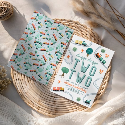 Boys Cute Two Two  Blue Train Travel 2nd Birthday 招待状