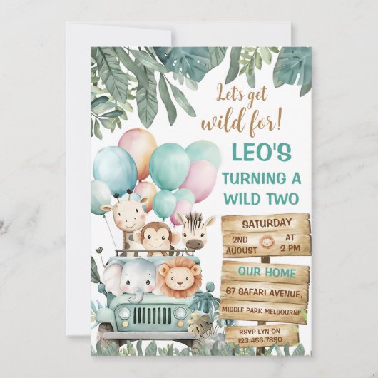 Boys Cute Wild Two Safari 2nd Birthday 招待状 (正面)