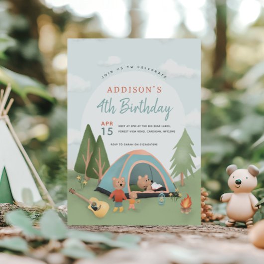 Boys Cute Woodland Happy Camper Bear Birthday 招待状