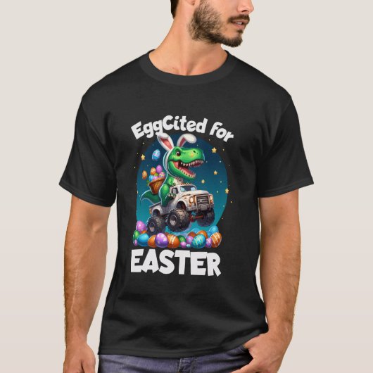 Boys Eggcited for Easter Bunny T-Rex Dinosaur Mons Tシャツ (正面)