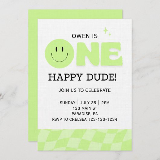 BOYS FIRST BIRTHDAY INVITATION ONE HAPPY DUDE  招待状 (正面/裏面)