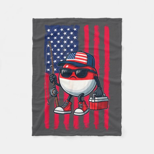 Boys Fishing Rod American Flag Patriotic Fishing F フリースブランケット (正面)