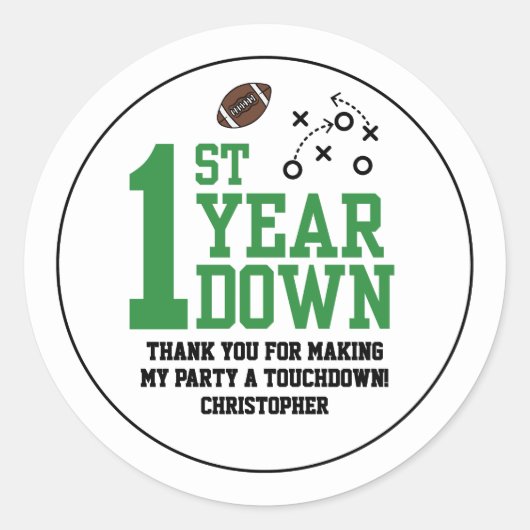 Boys Football First Year Down 1st Birthday Party ラウンドシール (正面)