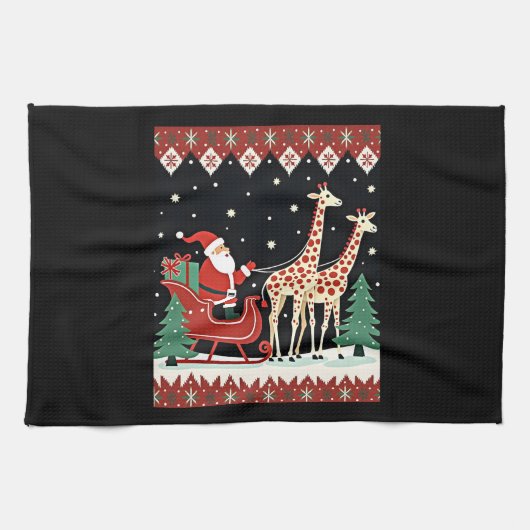 Boys Girls Santa Claus Riding Giraffe Sleigh Ugly  キッチンタオル (横)