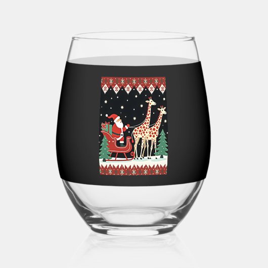 Boys Girls Santa Claus Riding Giraffe Sleigh Ugly  ステムなしワイングラス (正面)
