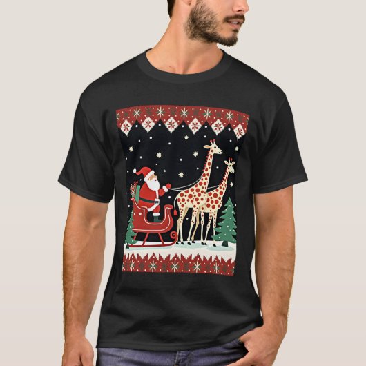 Boys Girls Santa Claus Riding Giraffe Sleigh Ugly  Tシャツ (正面)